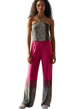 New Strapless Hot Pink Leopard-Trim Wide-Leg Jumpsuit Size M